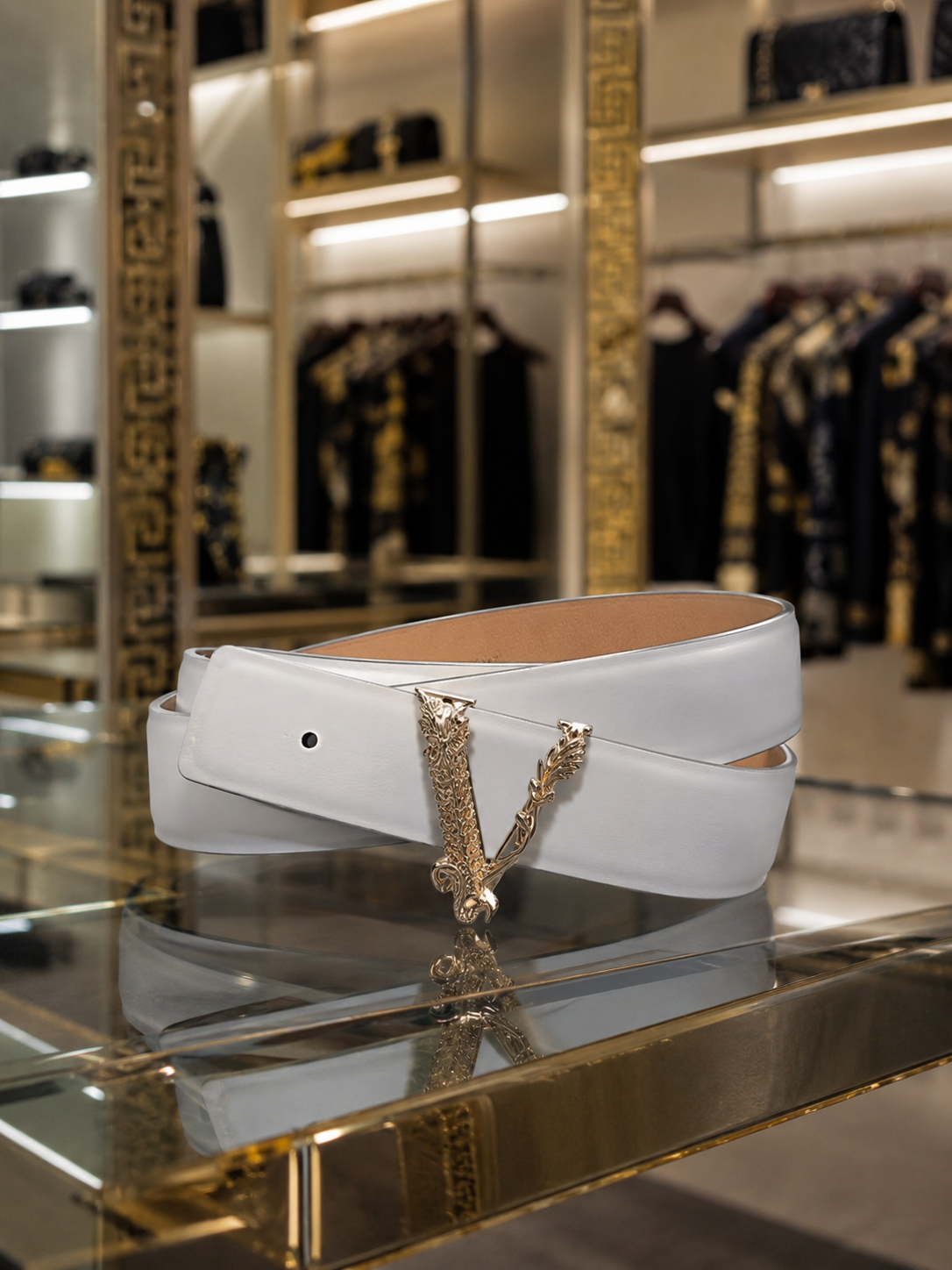 Versace – Virtus Leather Belt White & Gold