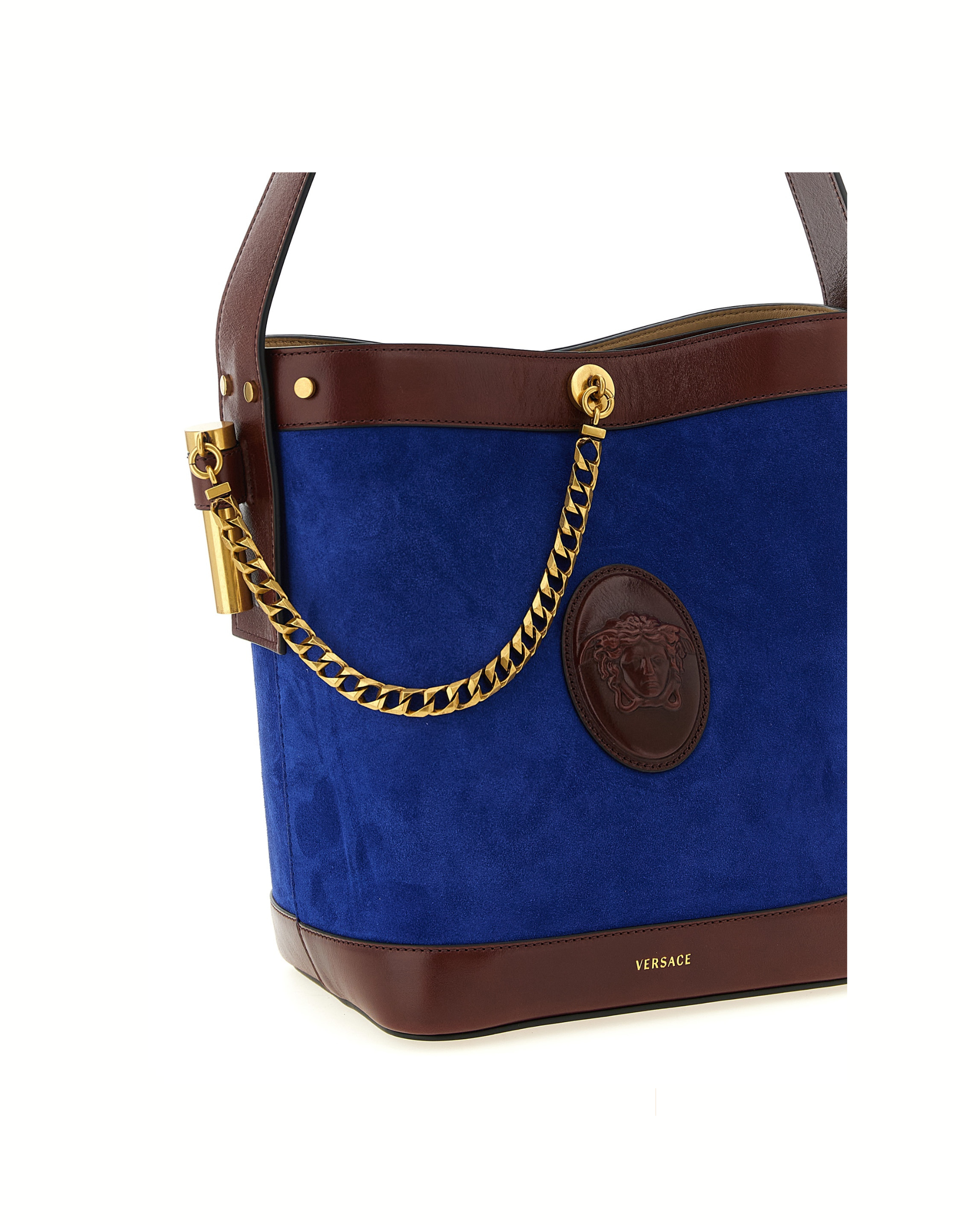 Versace Pivot Bucket Bag in Camoscio Blu con Medusa Cameo
