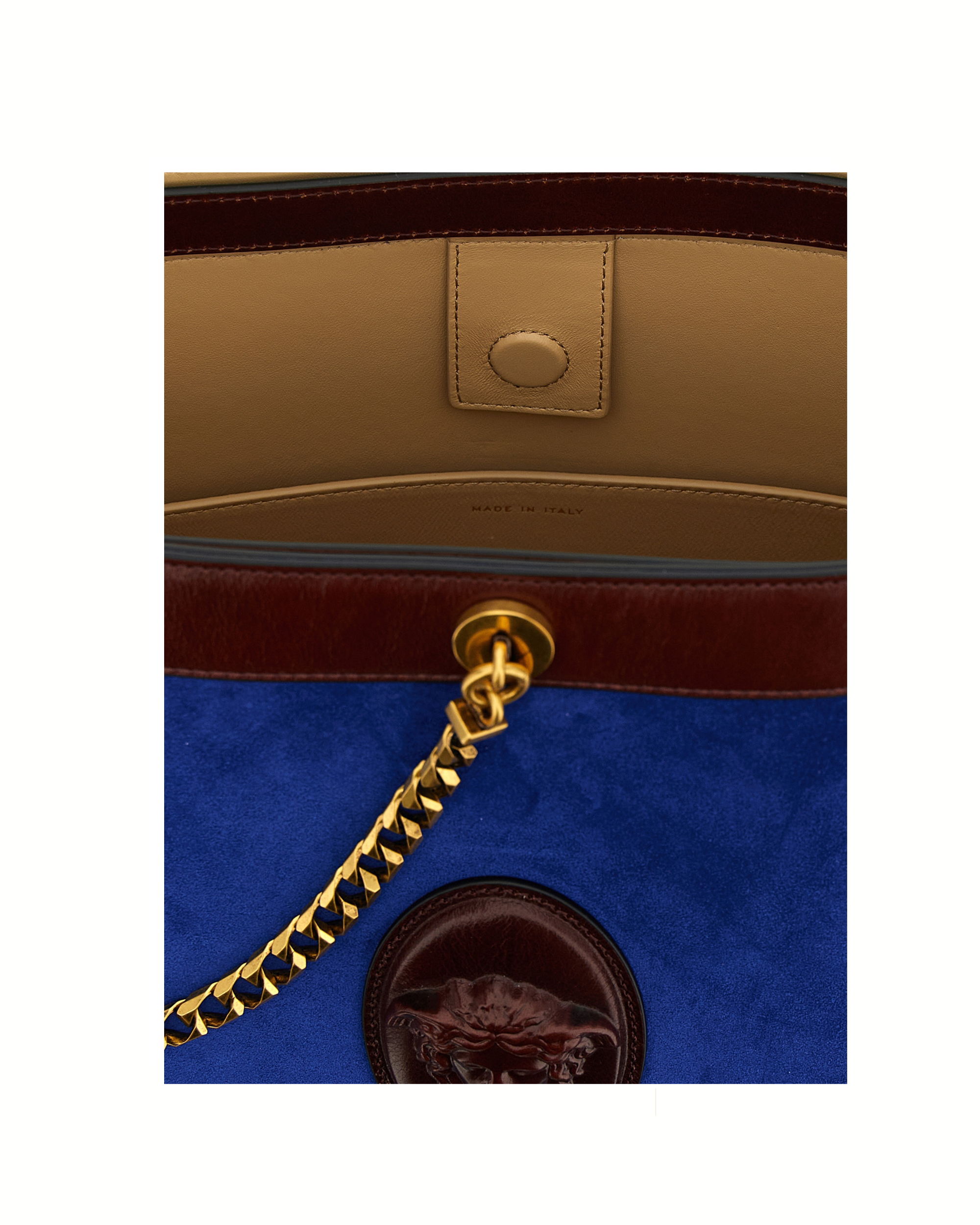 Versace Pivot Bucket Bag in Camoscio Blu con Medusa Cameo