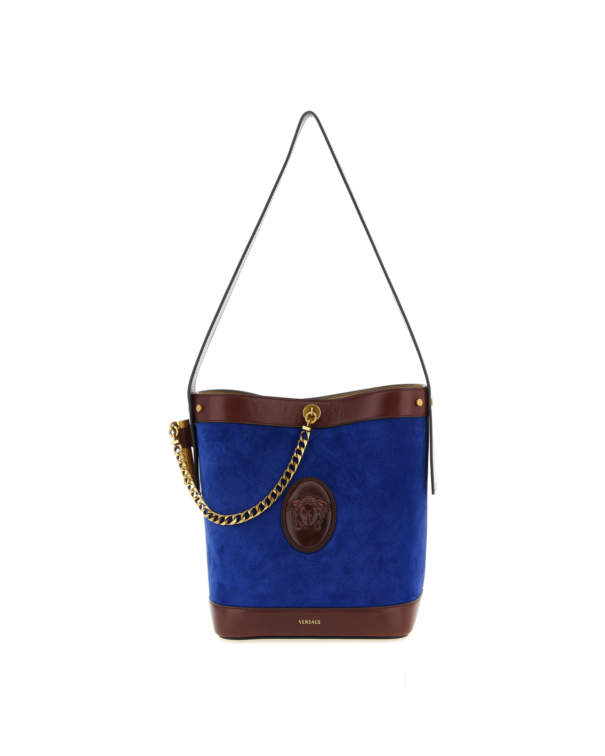 Versace Pivot Bucket Bag in Camoscio Blu con Medusa Cameo