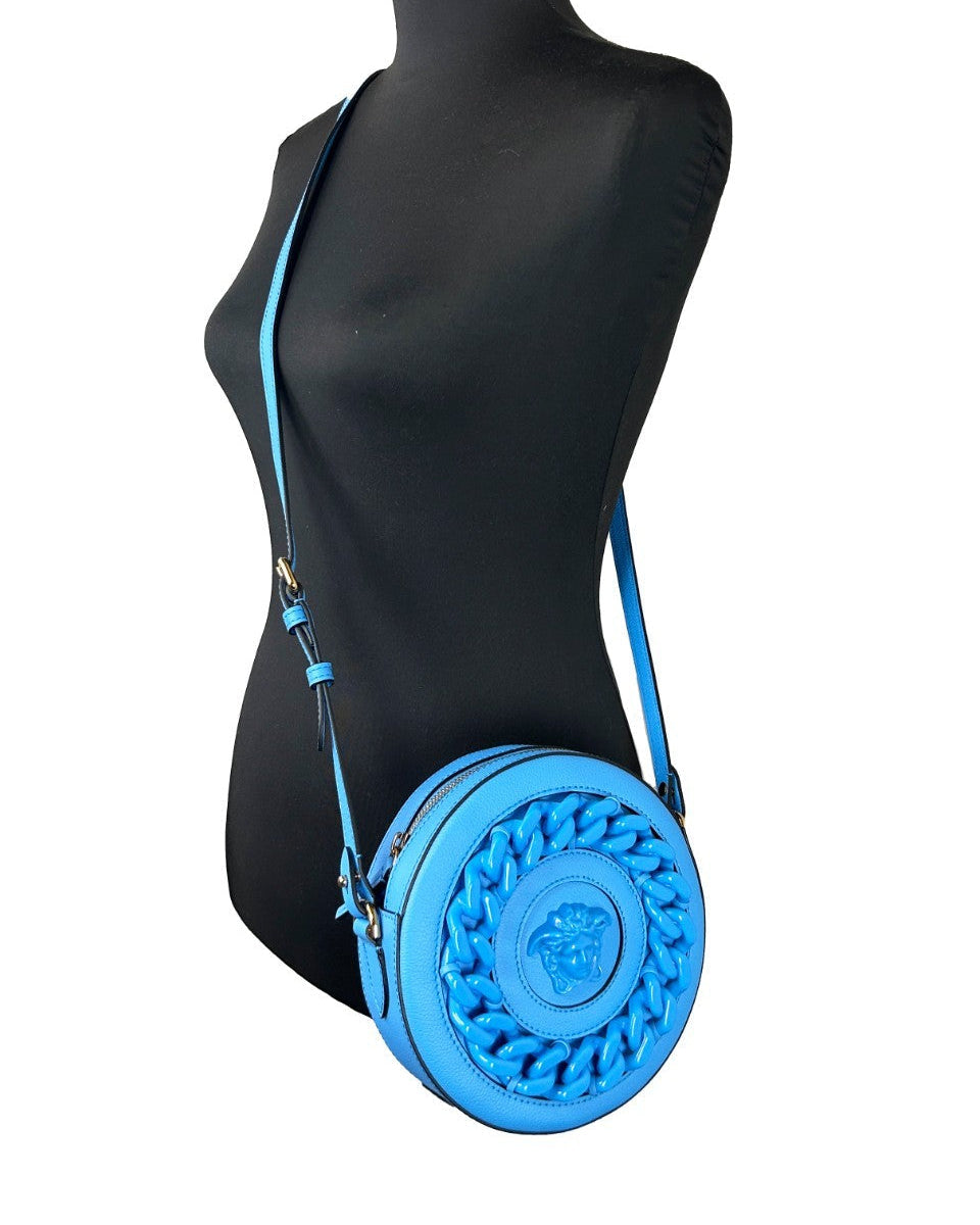 Versace – Round Pebbled Leather Medusa Camera Bag Blue