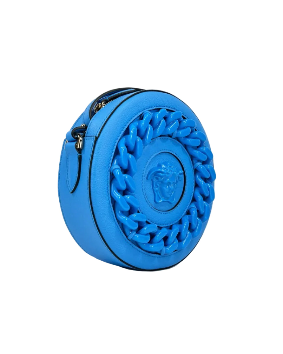 Versace – Round Pebbled Leather Medusa Camera Bag Blue