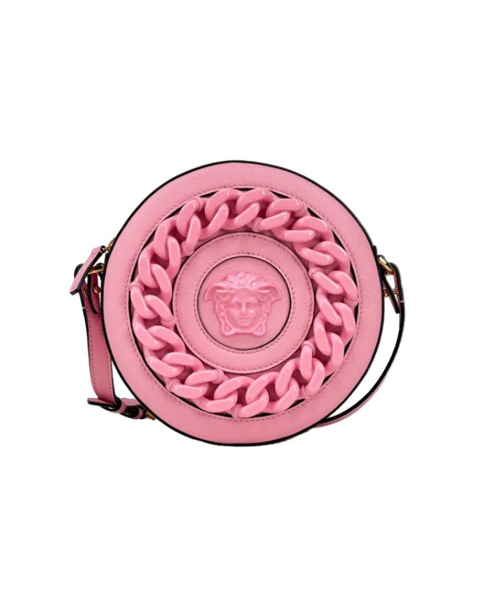 Versace – Round Pebbled Leather Camera Bag Pink
