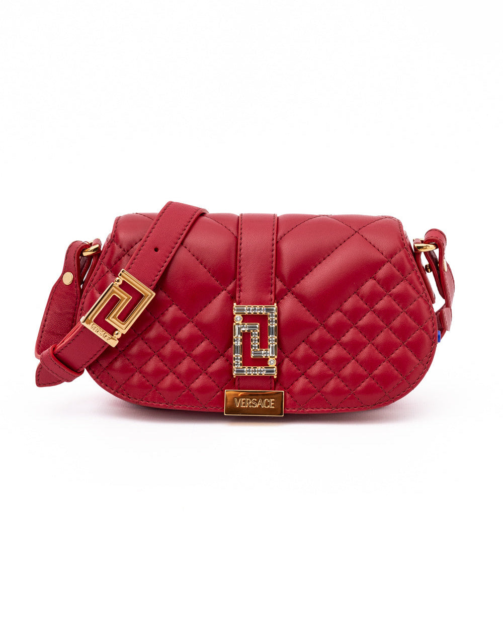 Versace – Quilted Lambskin Shoulder Bag Red with Crystal Greca Hardware
