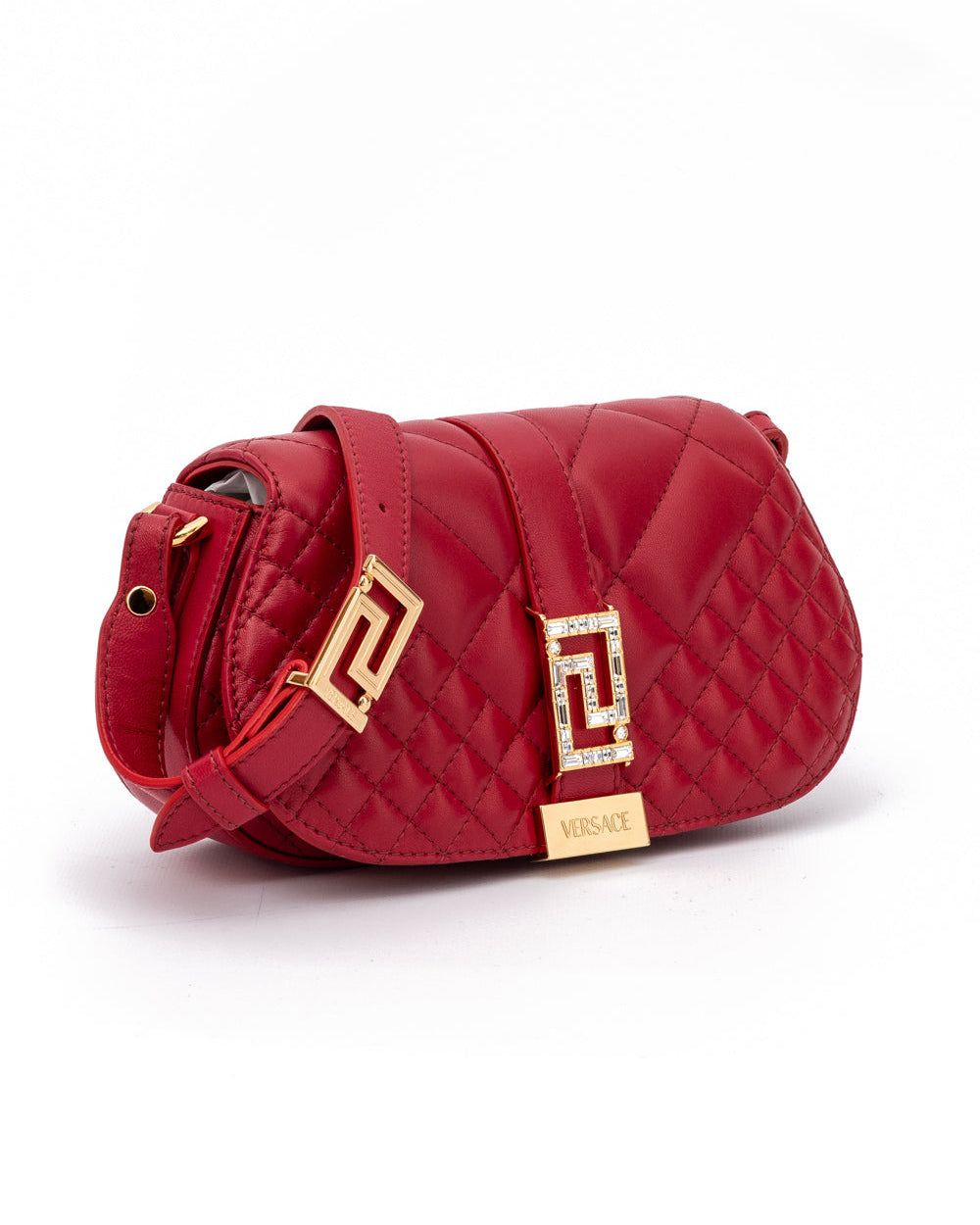 Versace – Quilted Lambskin Shoulder Bag Red with Crystal Greca Hardware