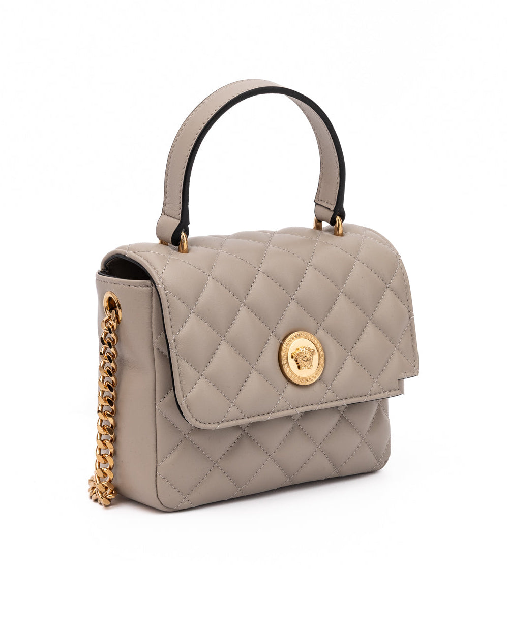 Versace – Quilted Lambskin Top Handle Shoulder Bag Taupe Medusa