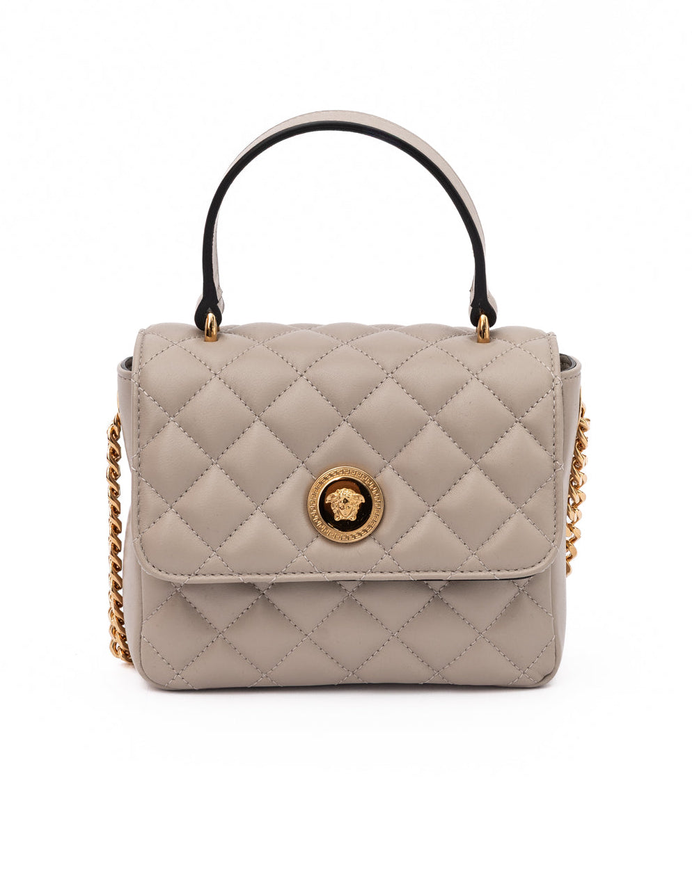 Versace – Quilted Lambskin Top Handle Shoulder Bag Taupe Medusa