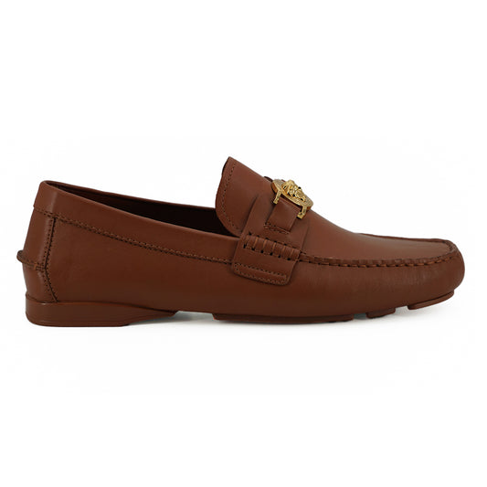 VERSACE Natural Brown Calf Leather Loafers Shoes