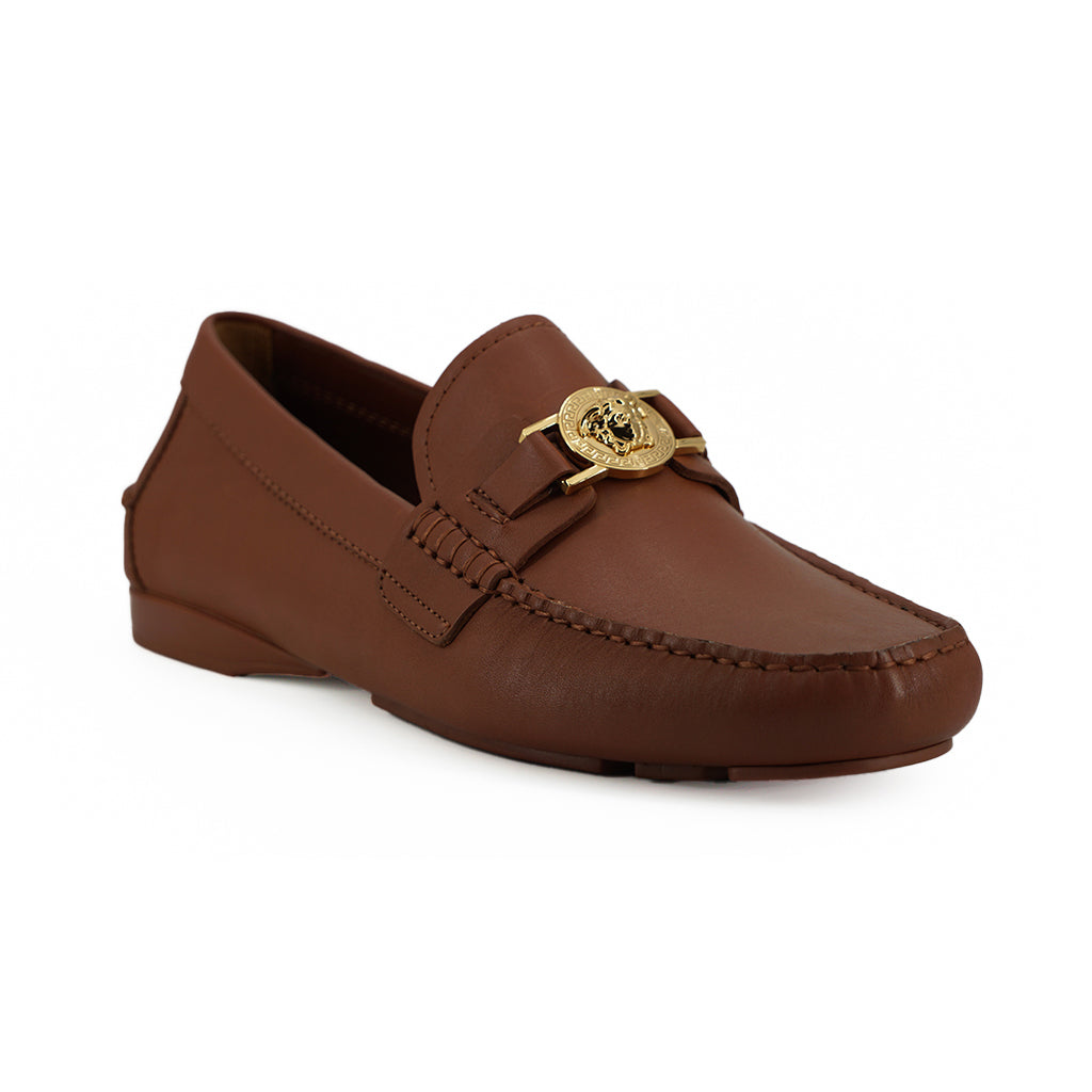 VERSACE Natural Brown Calf Leather Loafers Shoes