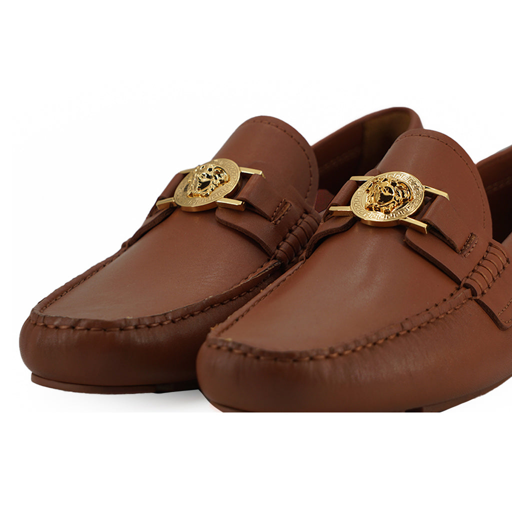 VERSACE Natural Brown Calf Leather Loafers Shoes