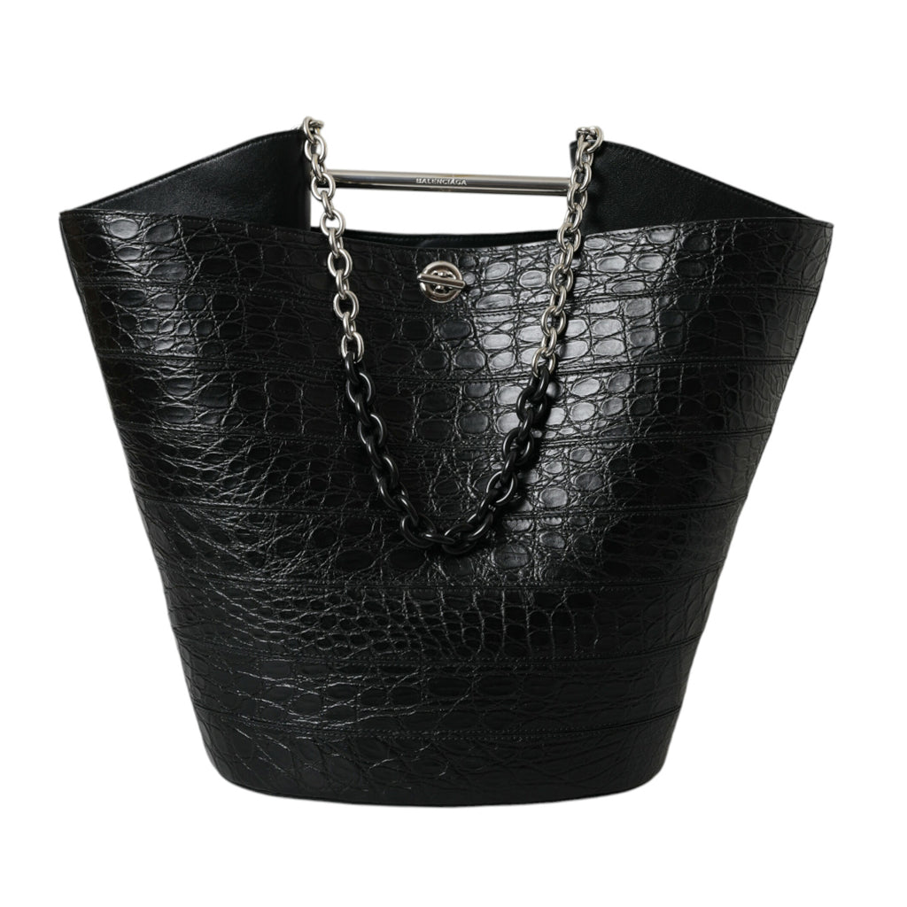 BALENCIAGA Elegant Black Crocodile Leather Maxi Bucket Bag