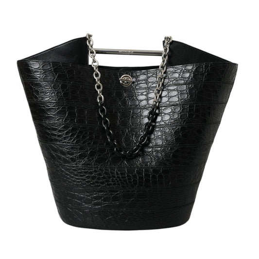 BALENCIAGA Elegant Black Crocodile Leather Maxi Bucket Bag