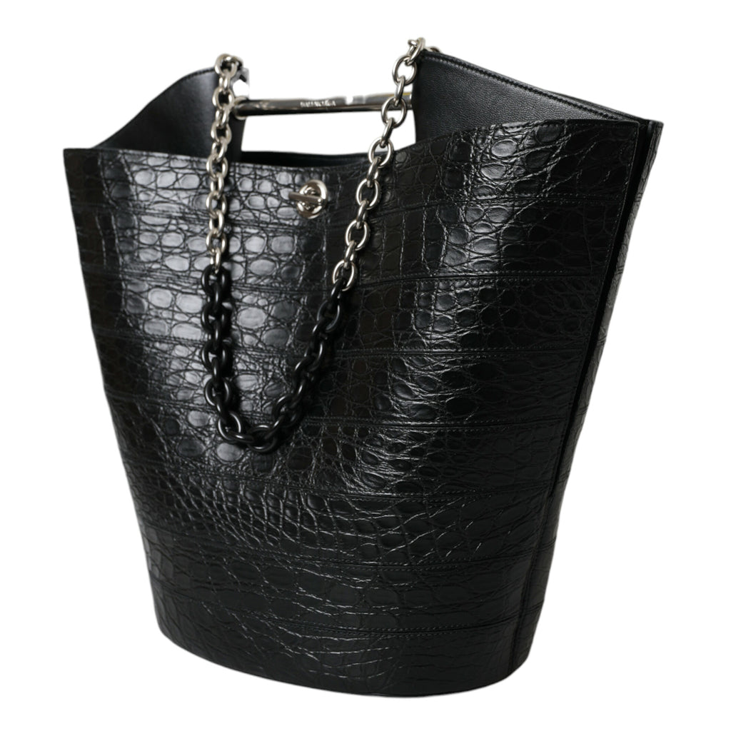 BALENCIAGA Elegant Black Crocodile Leather Maxi Bucket Bag