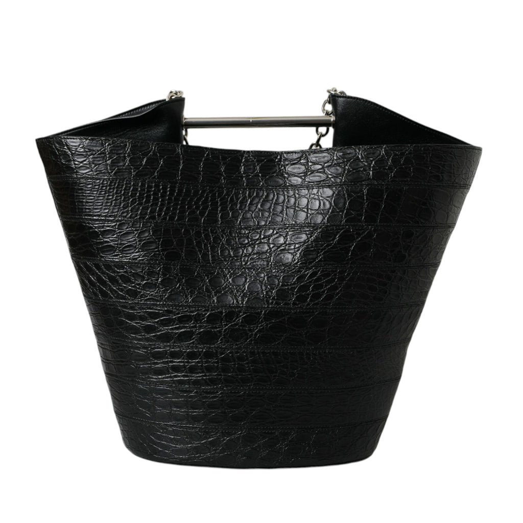 BALENCIAGA Elegant Black Crocodile Leather Maxi Bucket Bag