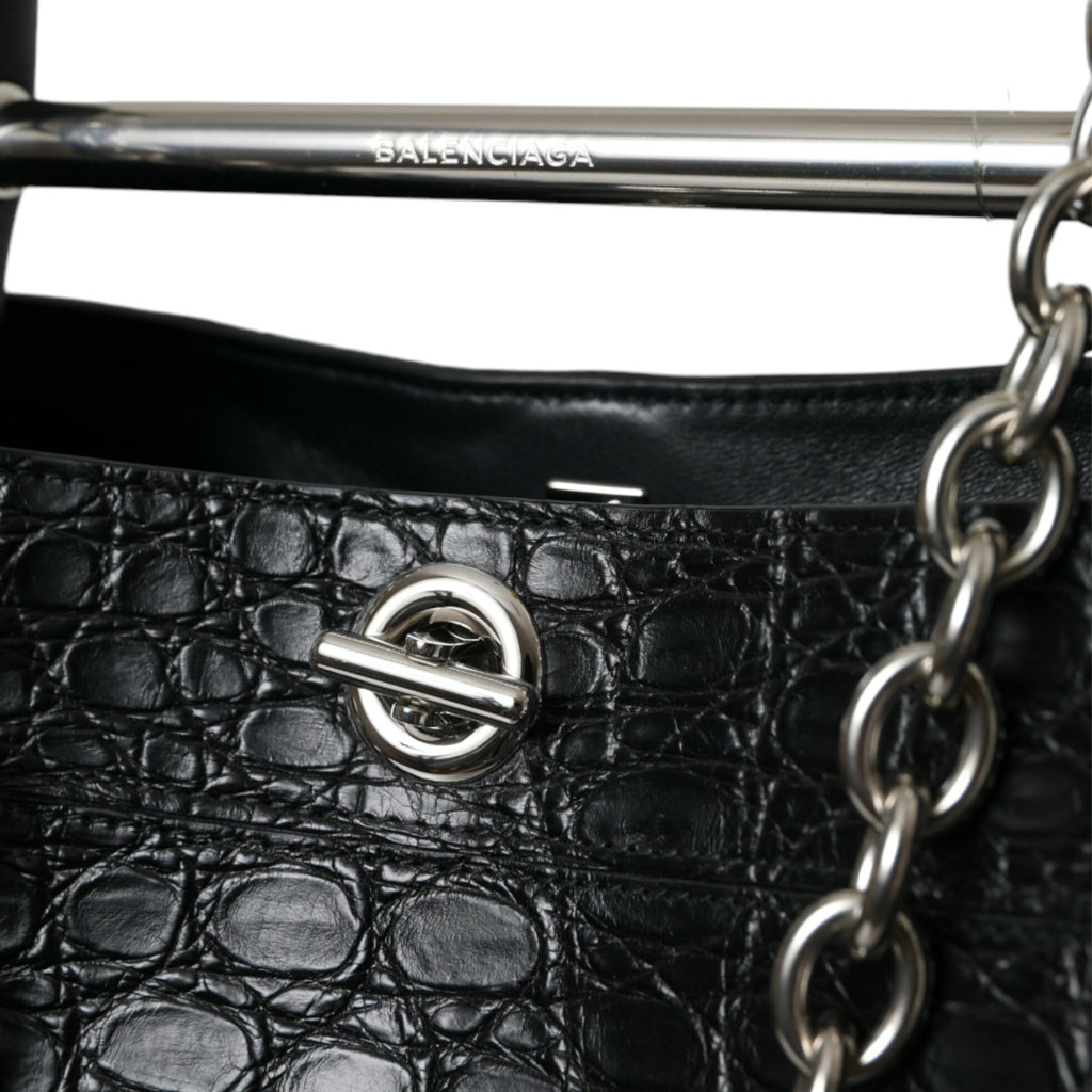BALENCIAGA Elegant Black Crocodile Leather Maxi Bucket Bag