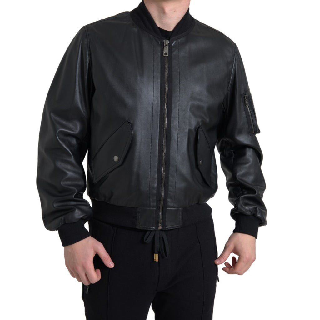 DOLCE & GABBANA Elegant Black Leather Bomber Jacket