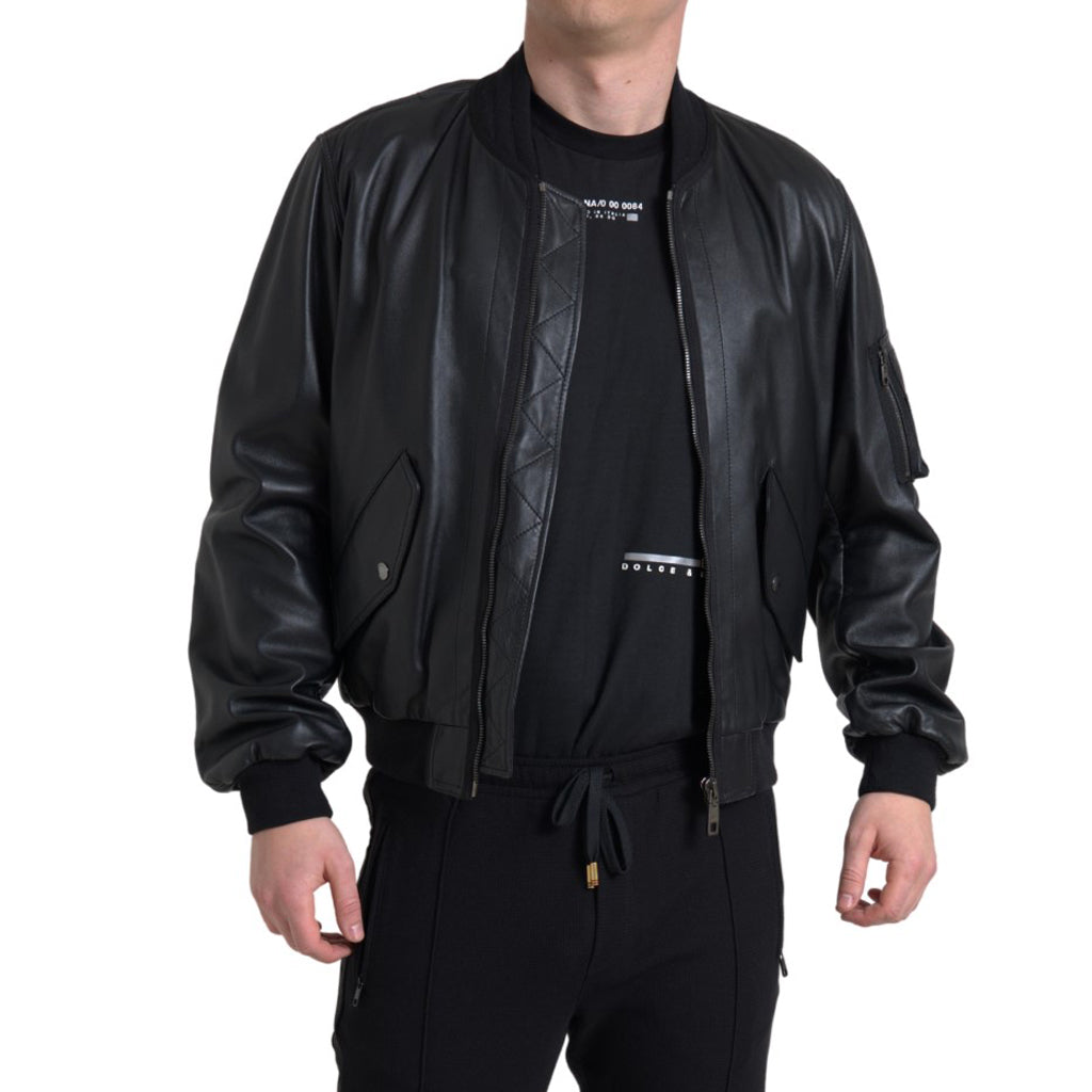 DOLCE & GABBANA Elegant Black Leather Bomber Jacket