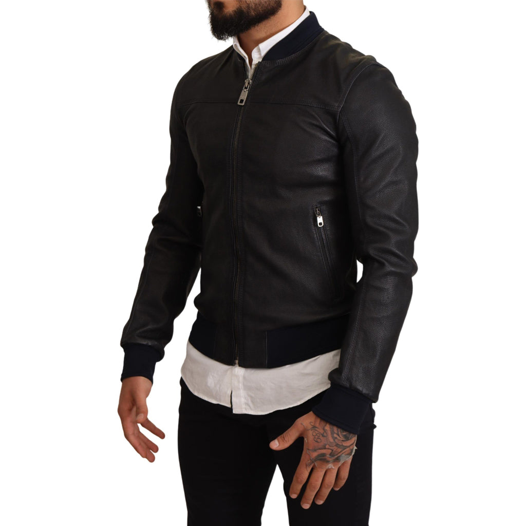DOLCE & GABBANA Elegant Leather Bomber Jacket in Dark Blue