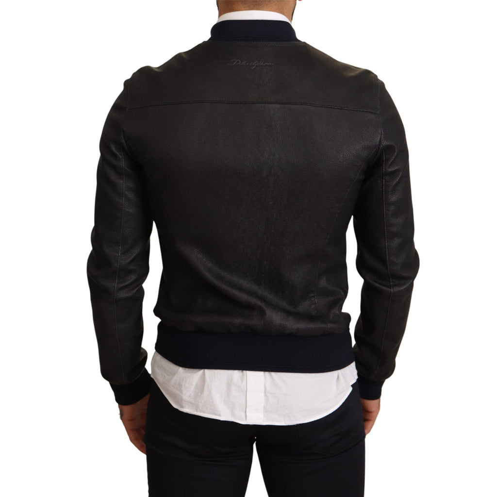 DOLCE & GABBANA Elegant Leather Bomber Jacket in Dark Blue