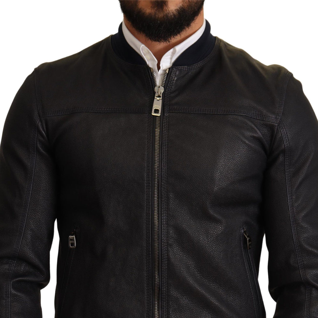 DOLCE & GABBANA Elegant Leather Bomber Jacket in Dark Blue