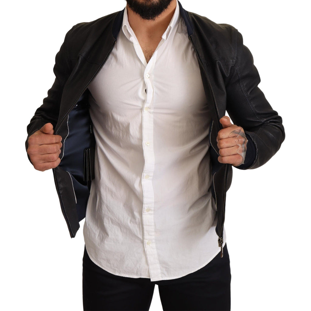DOLCE & GABBANA Elegant Leather Bomber Jacket in Dark Blue