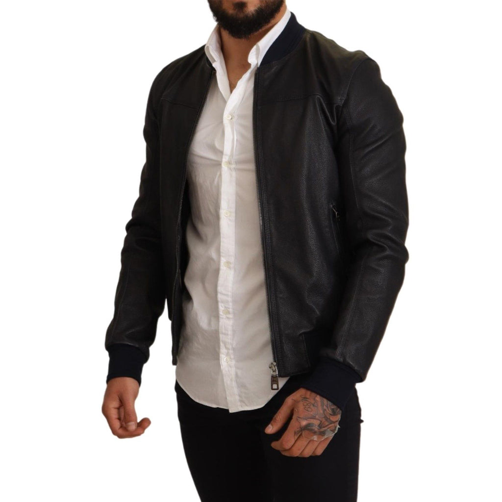 DOLCE & GABBANA Elegant Leather Bomber Jacket in Dark Blue