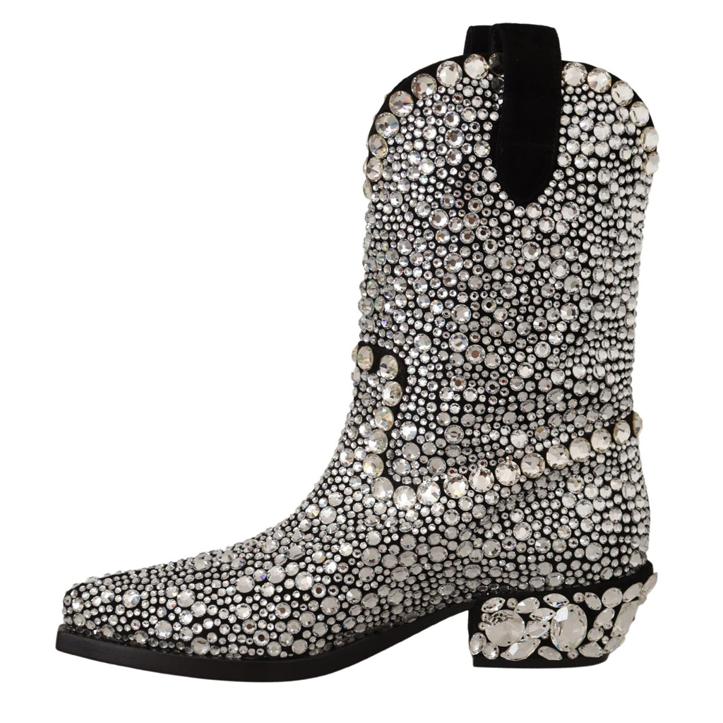 DOLCE & GABBANA Crystal-Embellished Black Suede Boots