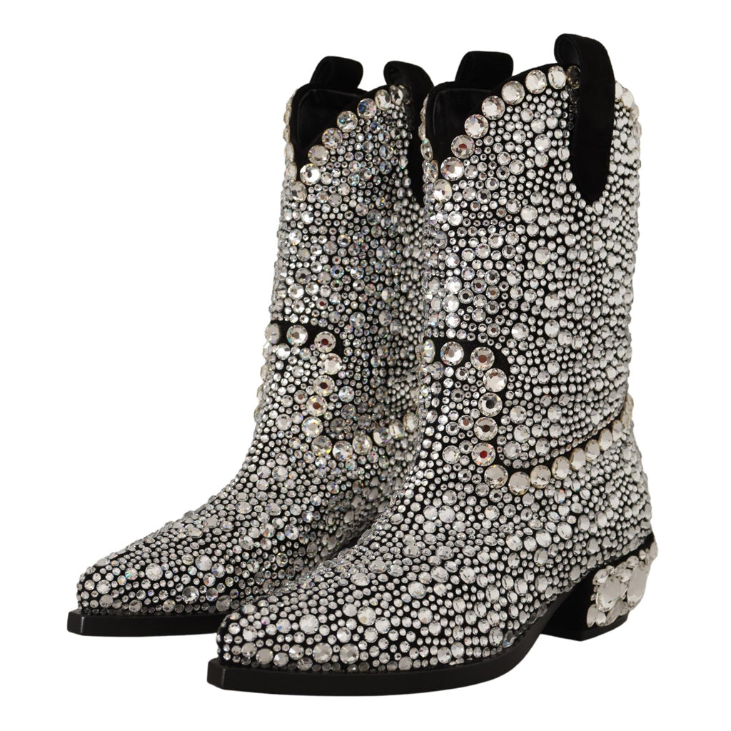 DOLCE & GABBANA Crystal-Embellished Black Suede Boots