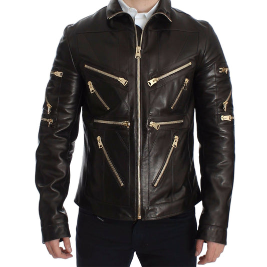 DOLCE & GABBANA Elegant Brown Gold-Detailed Leather Jacket