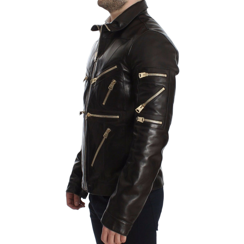 DOLCE & GABBANA Elegant Brown Gold-Detailed Leather Jacket