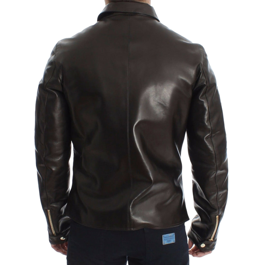 DOLCE & GABBANA Elegant Brown Gold-Detailed Leather Jacket