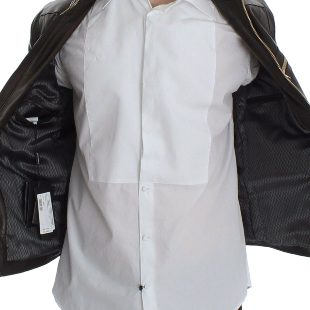 DOLCE & GABBANA Elegant Brown Gold-Detailed Leather Jacket