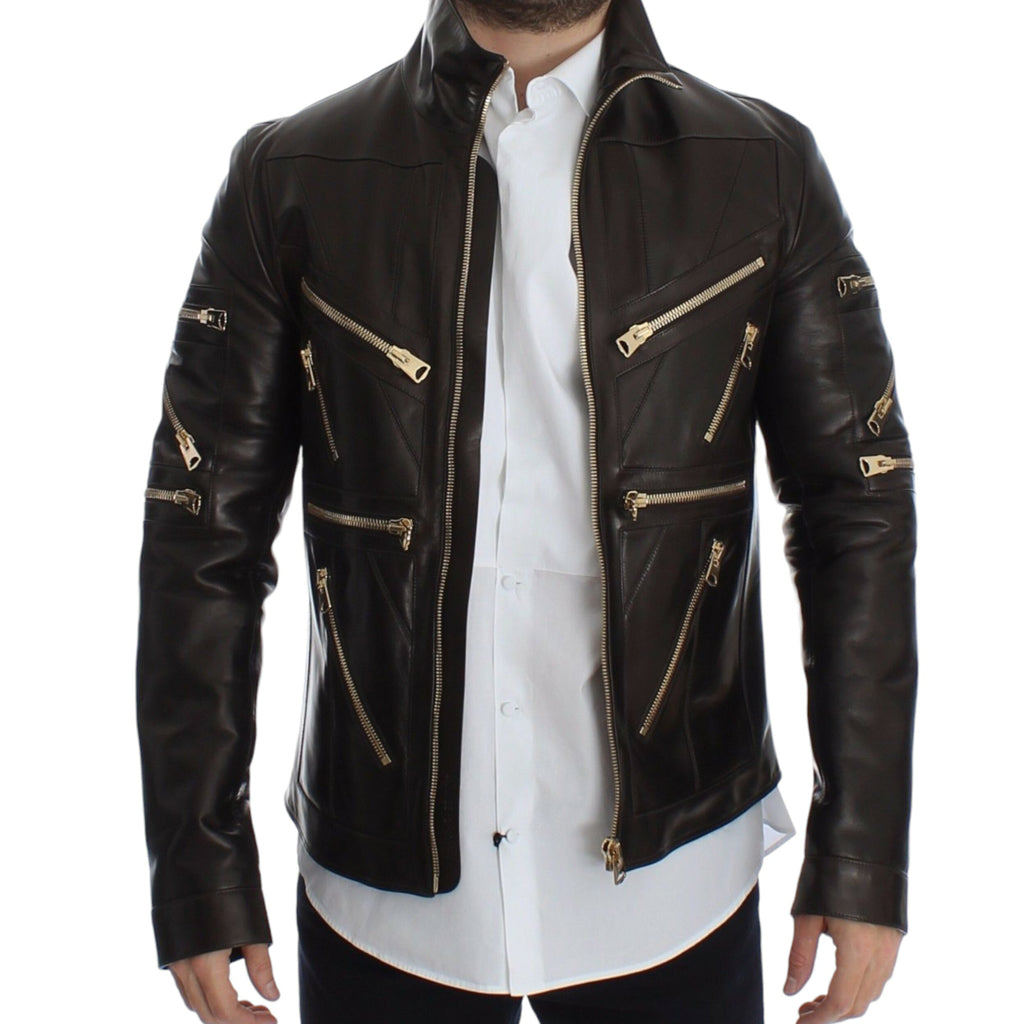 DOLCE & GABBANA Elegant Brown Gold-Detailed Leather Jacket