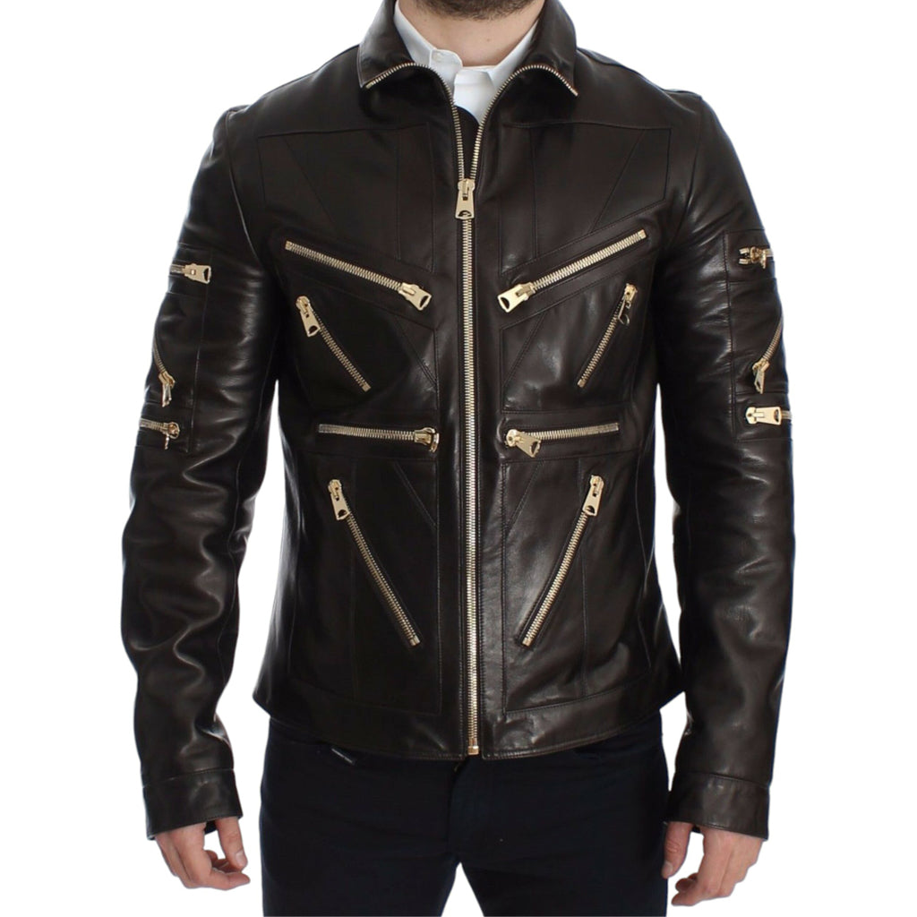 DOLCE & GABBANA Elegant Brown Gold-Detailed Leather Jacket