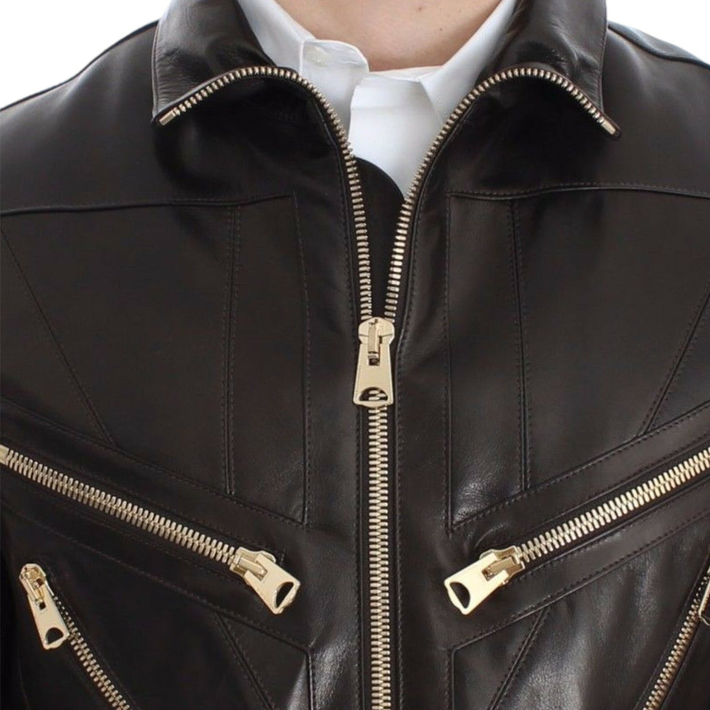 DOLCE & GABBANA Elegant Brown Gold-Detailed Leather Jacket