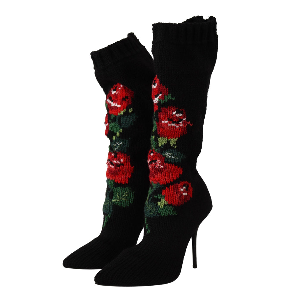 DOLCE & GABBANA Elegant Sock Boots with Red Roses Detail