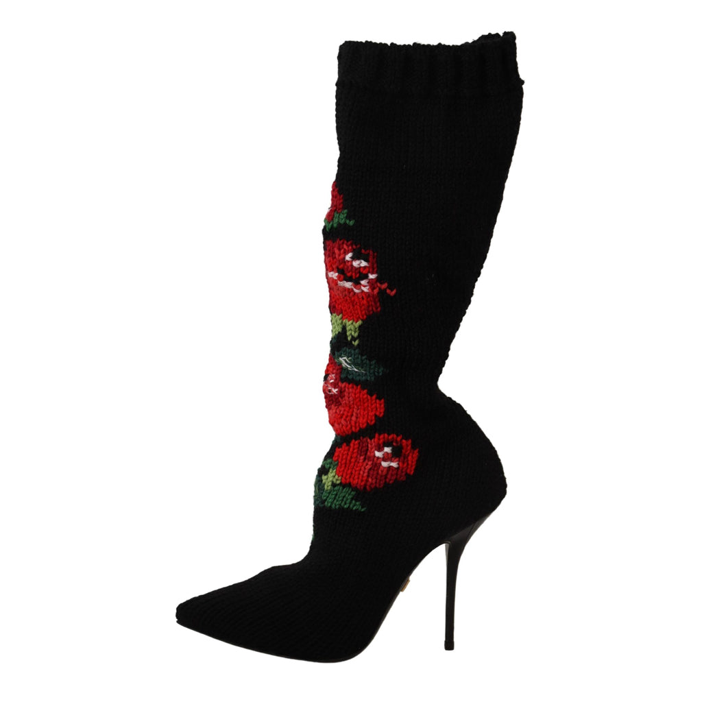 DOLCE & GABBANA Elegant Sock Boots with Red Roses Detail