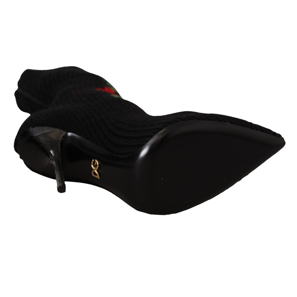 DOLCE & GABBANA Elegant Sock Boots with Red Roses Detail