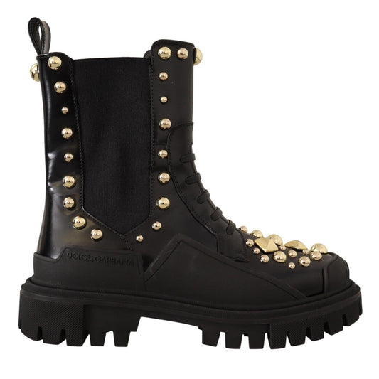 DOLCE & GABBANA Studded Leather Combat Boots with Embroidery