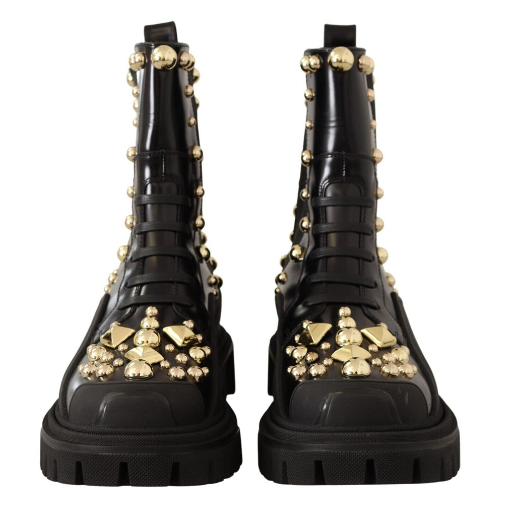 DOLCE & GABBANA Studded Leather Combat Boots with Embroidery