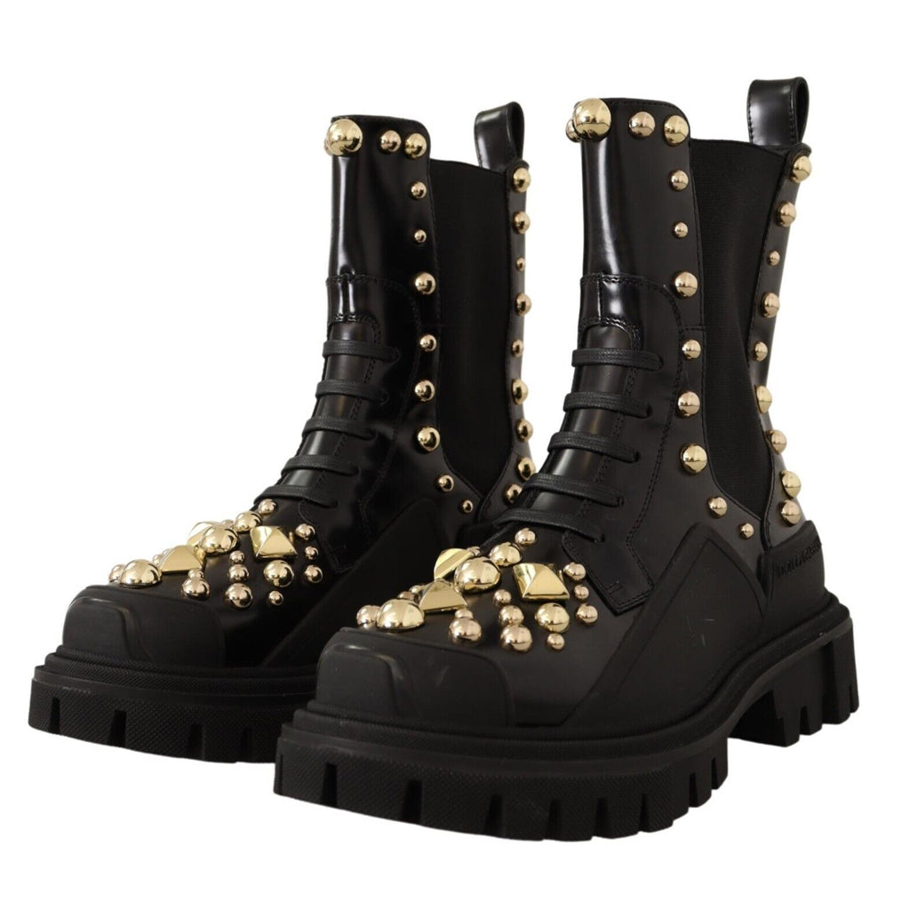 DOLCE & GABBANA Studded Leather Combat Boots with Embroidery