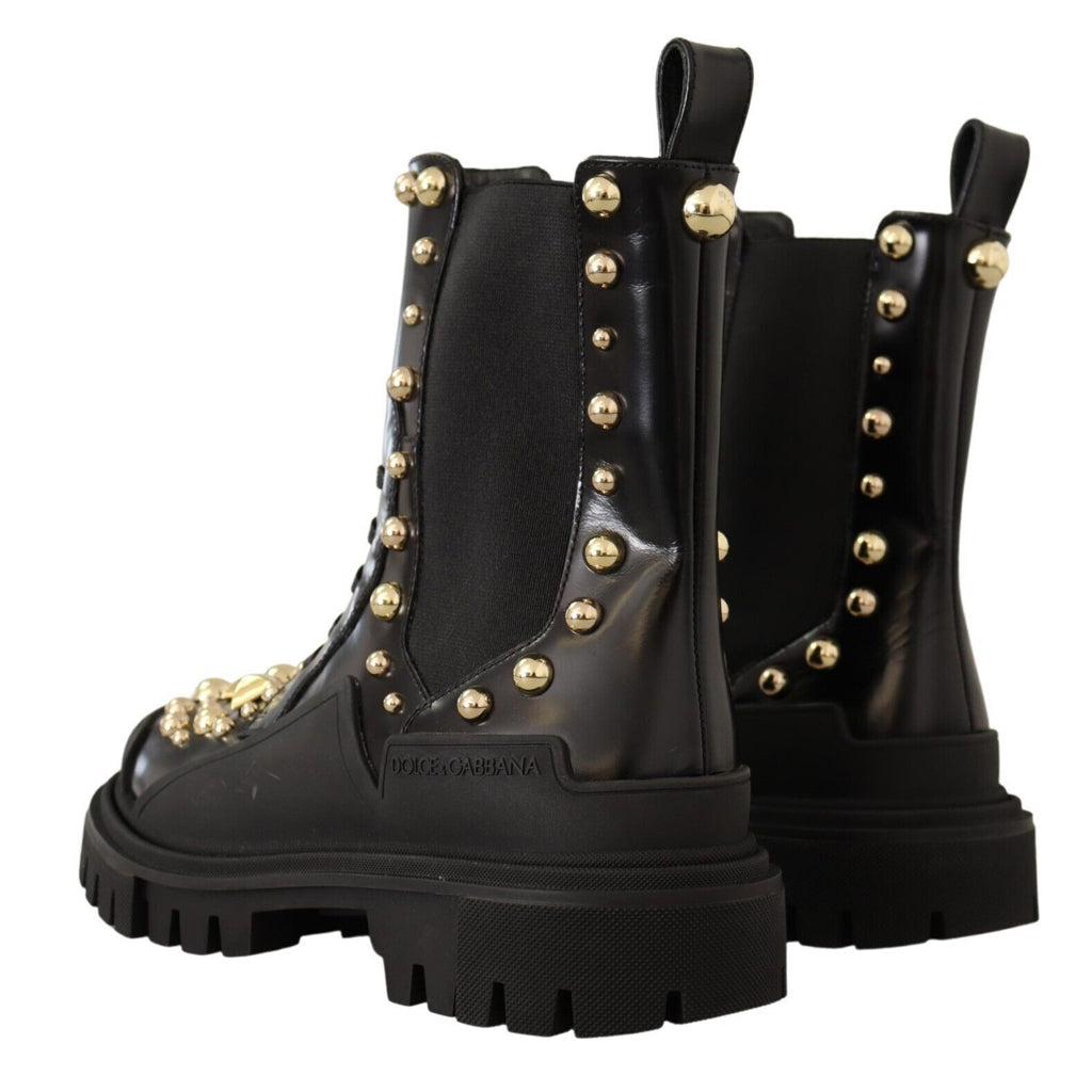 DOLCE & GABBANA Studded Leather Combat Boots with Embroidery