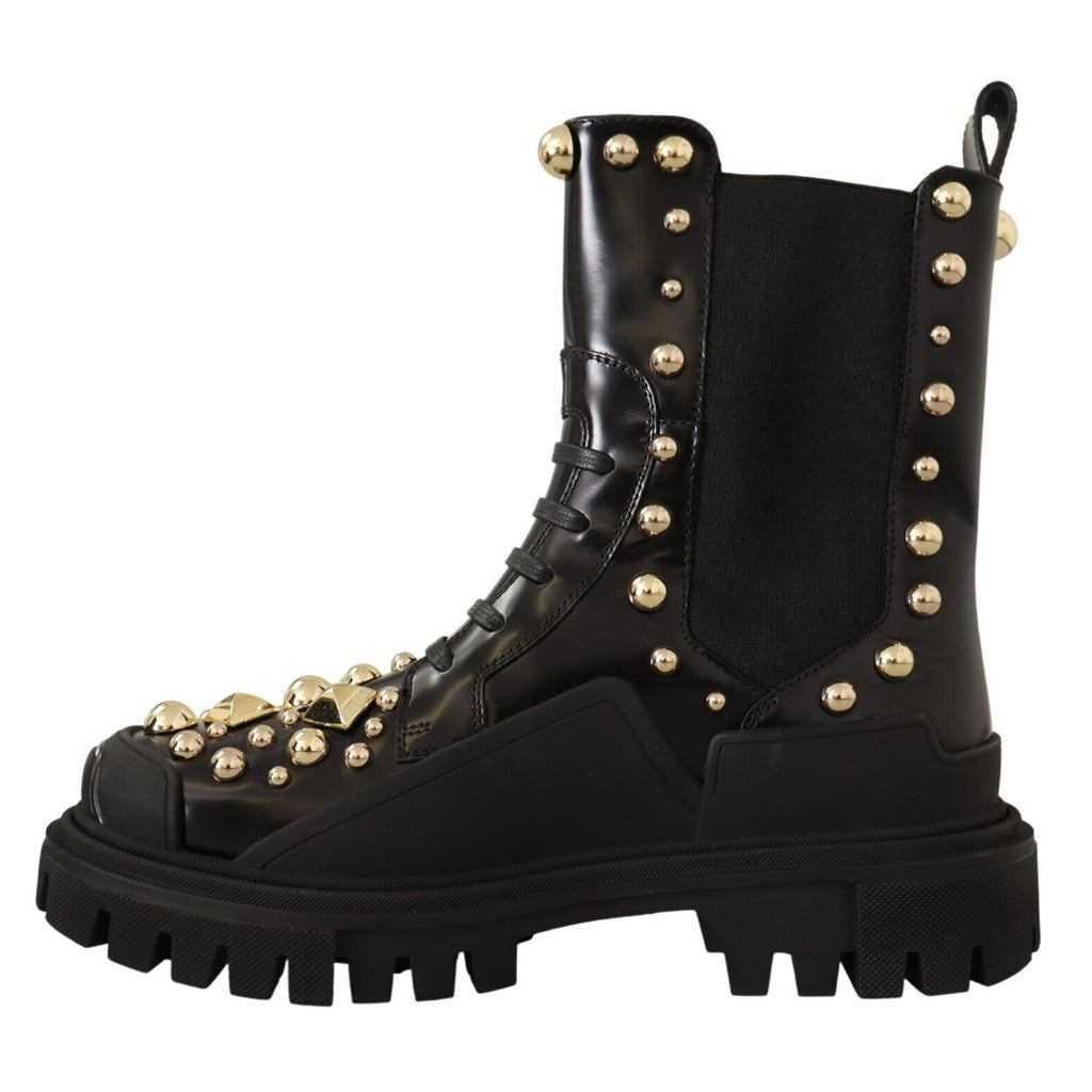 DOLCE & GABBANA Studded Leather Combat Boots with Embroidery