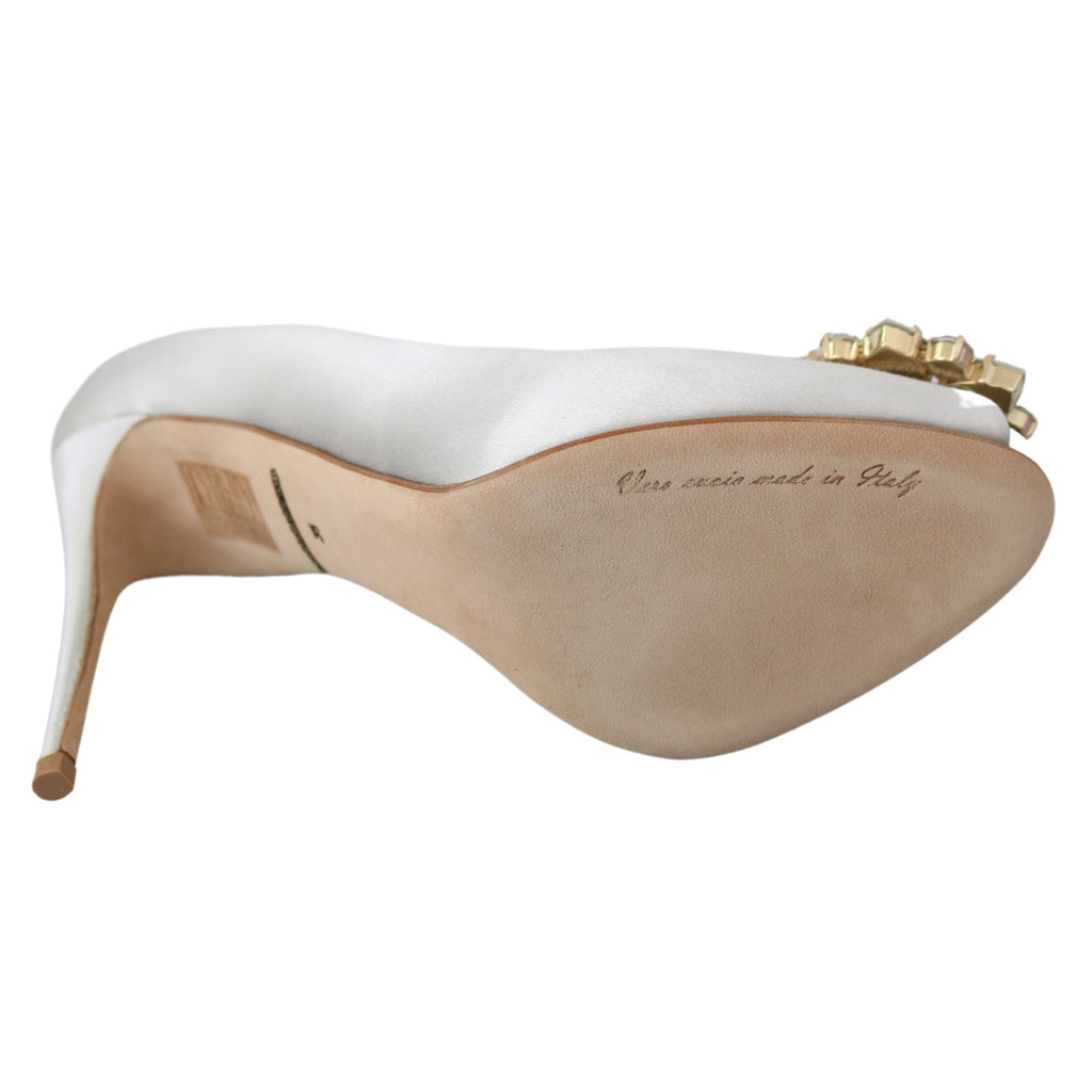 Dolce & Gabbana White Crystal Peep Toe Silk Blend Heels
