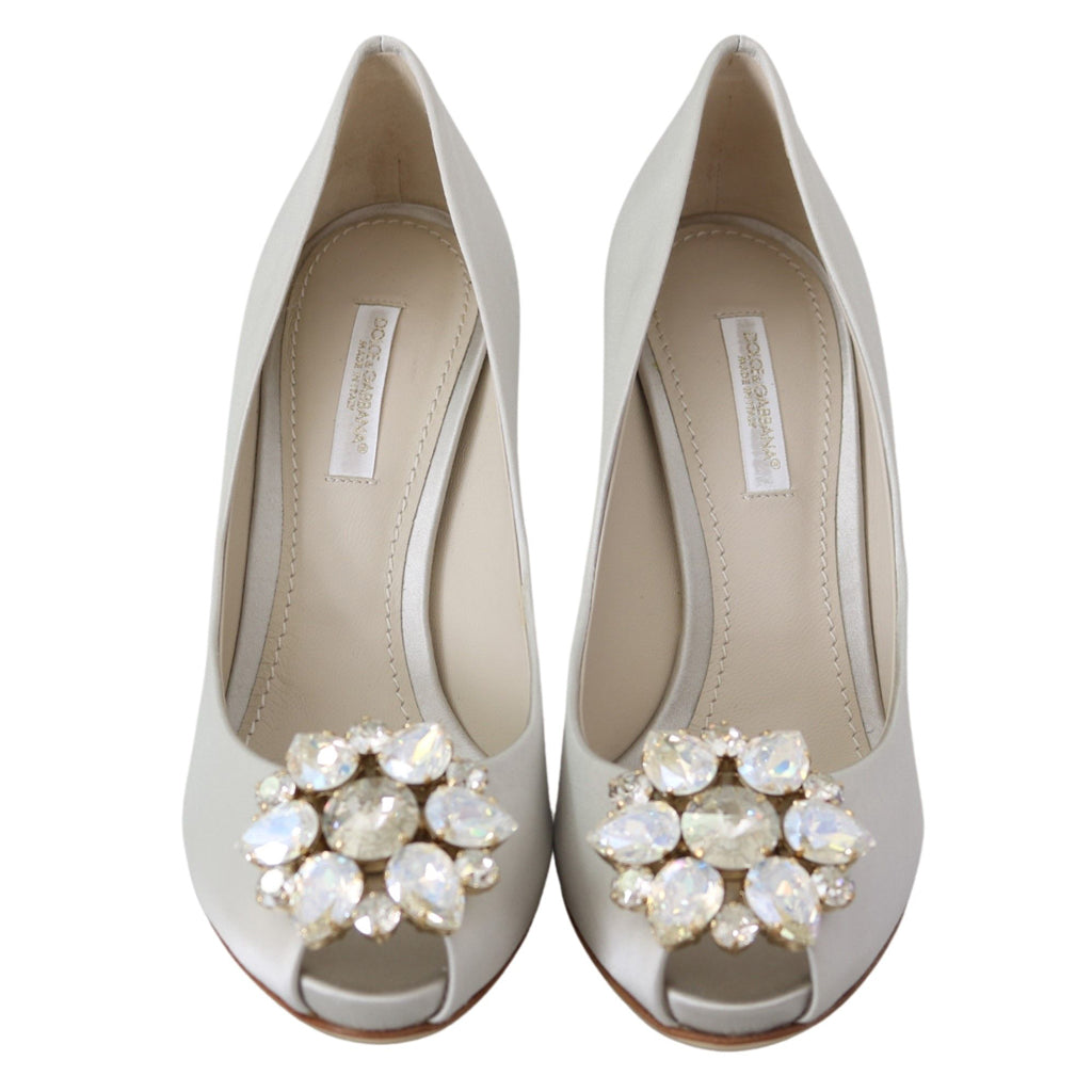 Dolce & Gabbana White Crystal Peep Toe Silk Blend Heels