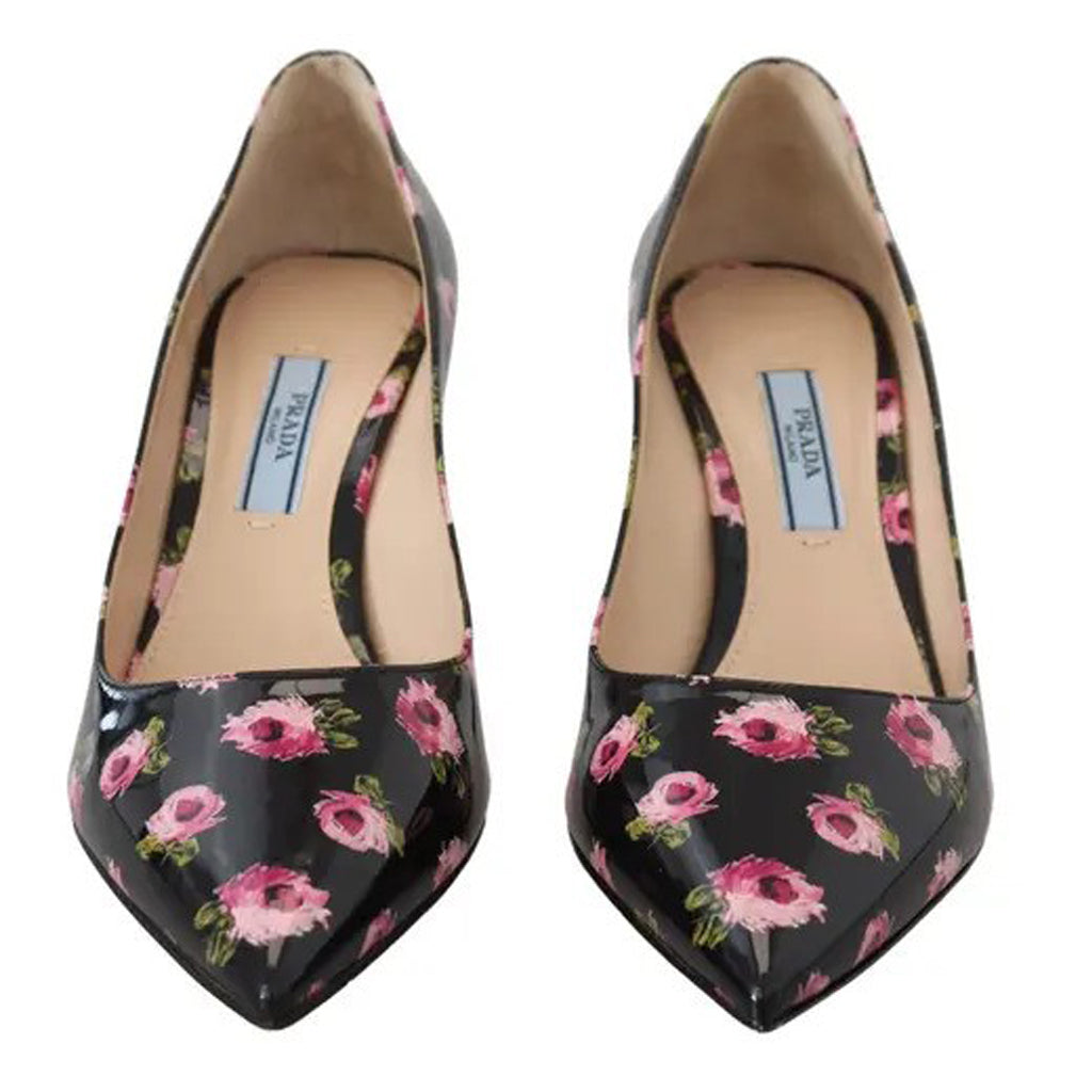 Prada - Black Leather Floral Heels Stilettos Pumps