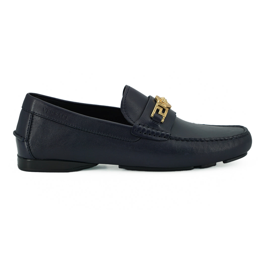 VERSACE Navy Blue Calf Leather Loafers Shoes