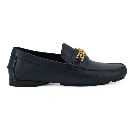 VERSACE Navy Blue Calf Leather Loafers Shoes