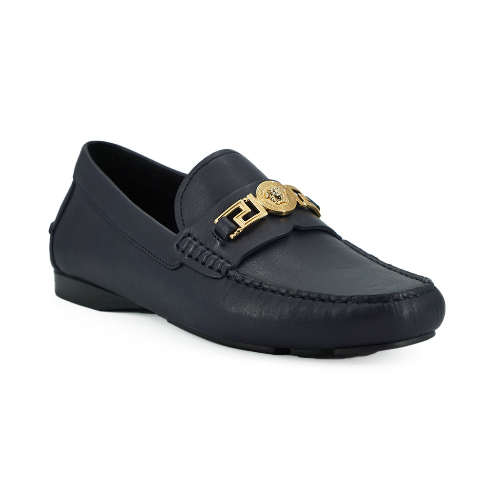 VERSACE Navy Blue Calf Leather Loafers Shoes