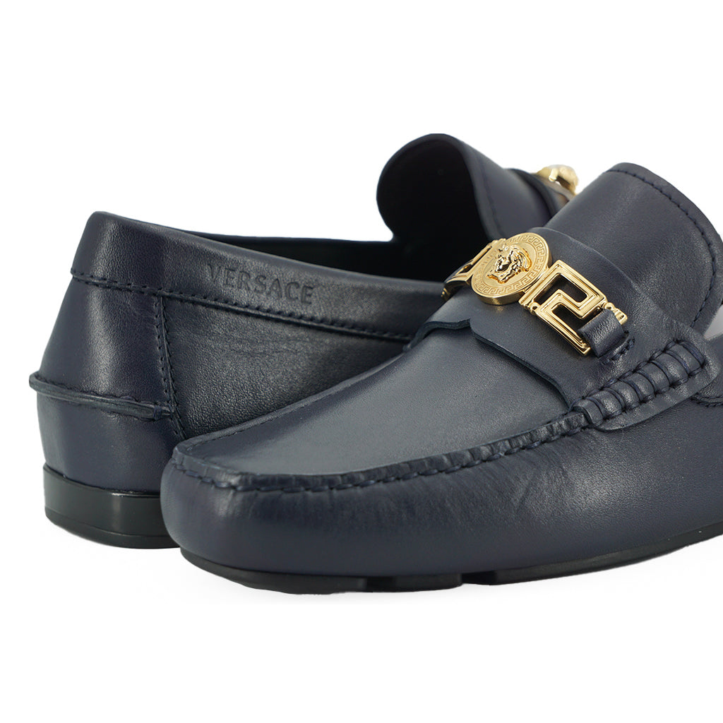 VERSACE Navy Blue Calf Leather Loafers Shoes